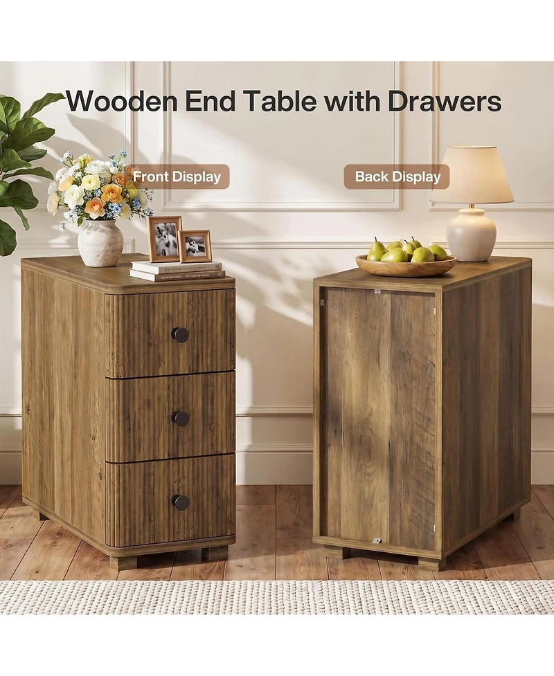 Tribesigns Nightstand with 3 Drawers, Farmhouse Fluted Narrow
