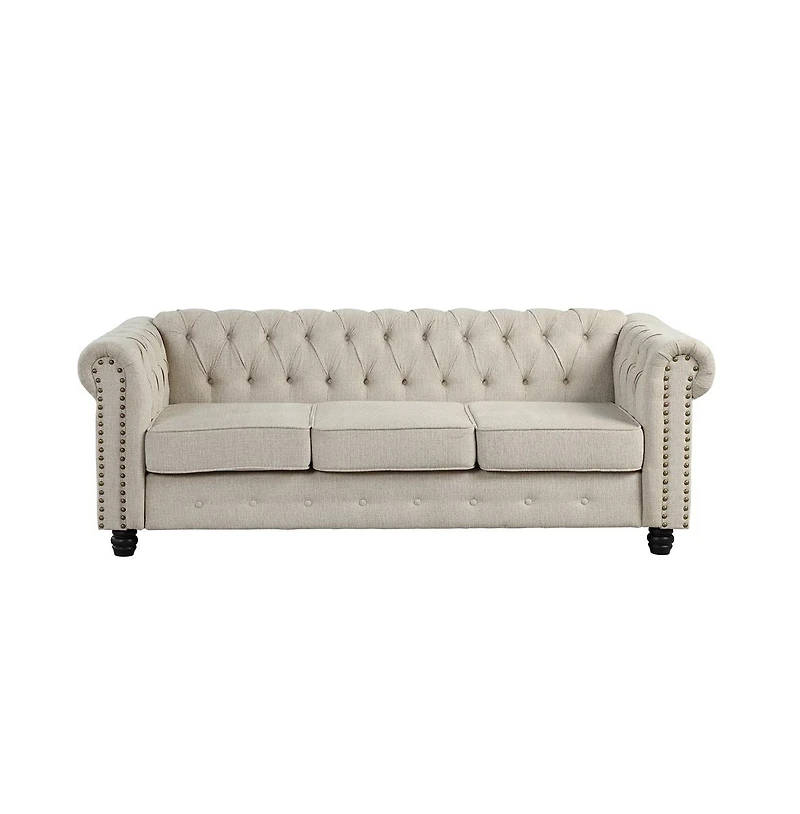 Morden Fort Linen Chesterfield 3 Seat Sofa Living Room Rolled Arm Couch with Button Tufted and Nailhead Trim
