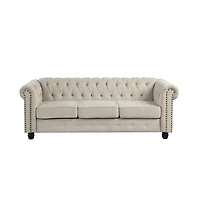 Morden Fort Linen Chesterfield 3 Seat Sofa Living Room Rolled Arm Couch with Button Tufted and Nailhead Trim