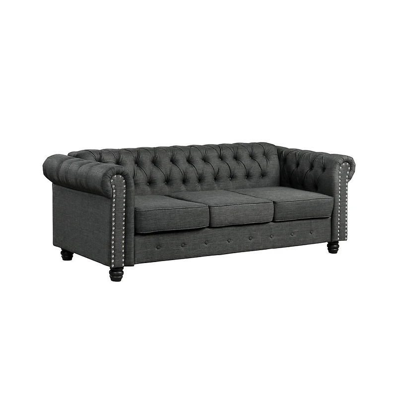 Morden Fort Linen Chesterfield 3 Seat Sofa Living Room Rolled Arm Couch with Button Tufted and Nailhead Trim