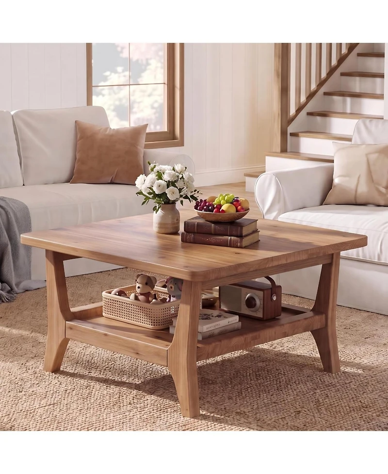 Tribesigns Solid Wood Coffee Table 2-Tier Square Center Table