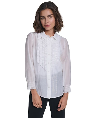 Karl Lagerfeld Paris Women's Ruffle Button Woven Collar Neck Top