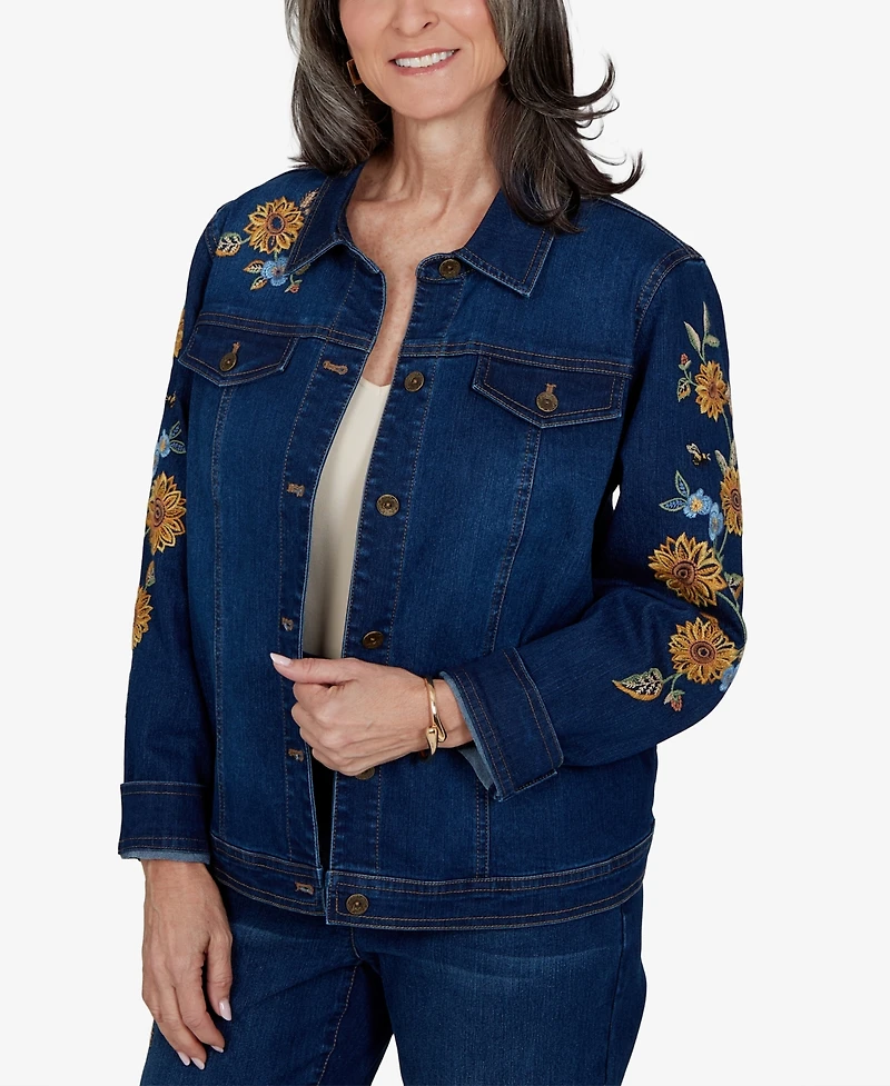 Alfred Dunner Petite Denim Floral-Embroidered Jacket