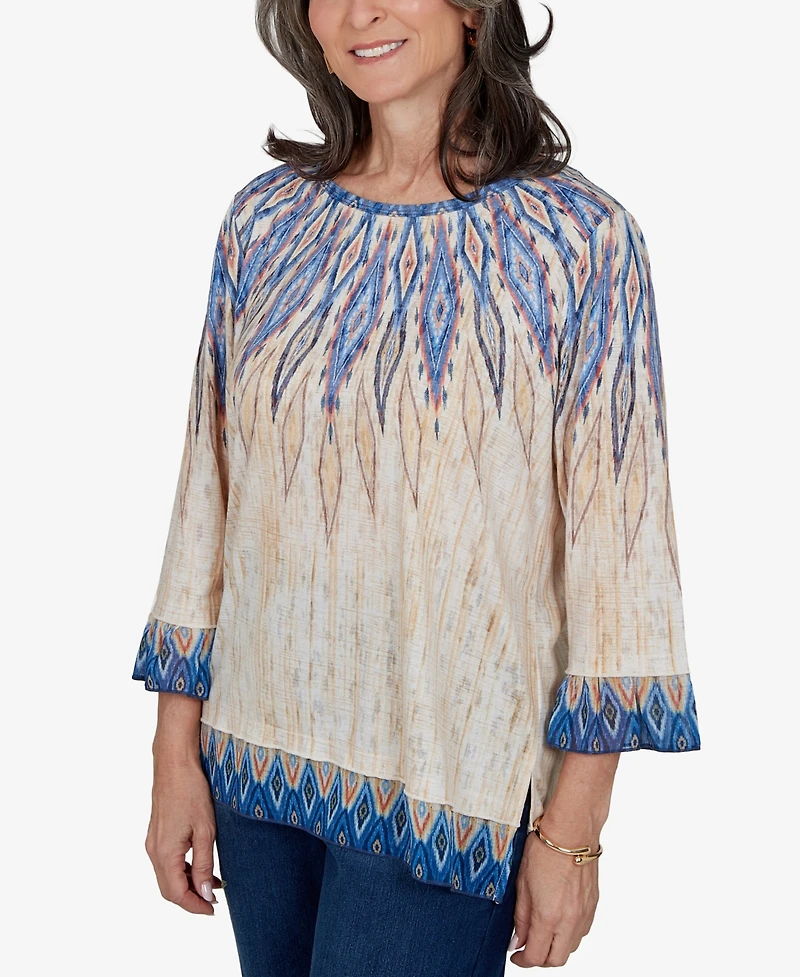 Alfred Dunner Petite 3/4-Sleeve Crewneck Allover-Print Blouse
