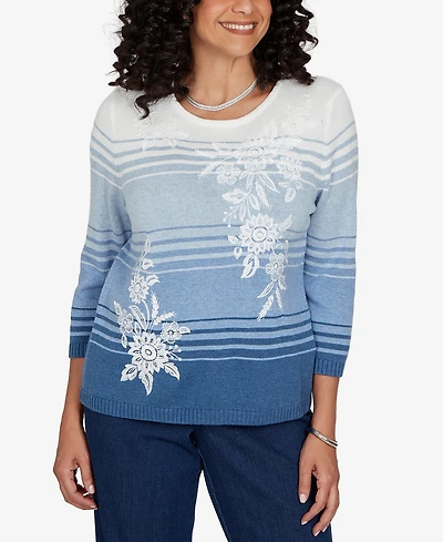 Alfred Dunner Petite Crewneck 3/4-Sleeve Stripe Sweater