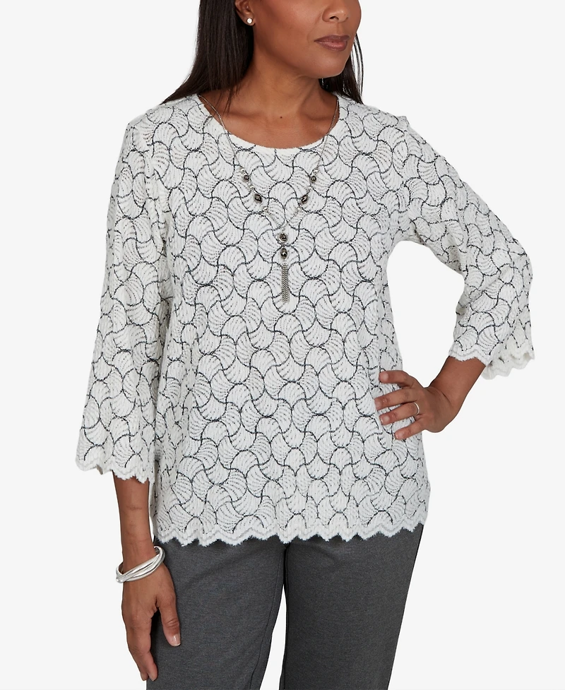 Alfred Dunner Women's Petite Crewneck 3/4-Sleeve Scalloped-Edge Pullover
