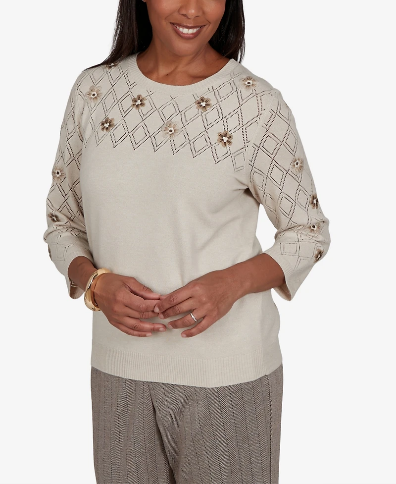 Alfred Dunner Petite Pointelle Floral Embroidery with Bead Pullover Sweater