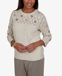 Alfred Dunner Petite Pointelle Floral Embroidery with Bead Pullover Sweater