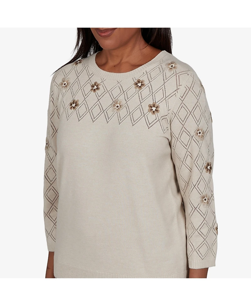 Alfred Dunner Petite Pointelle Floral Embroidery with Bead Pullover Sweater