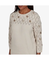 Alfred Dunner Petite Pointelle Floral Embroidery with Bead Pullover Sweater