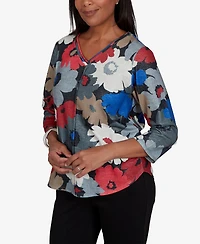 Alfred Dunner Women's Petite Floral 3/4-Sleeve V-Neck Top