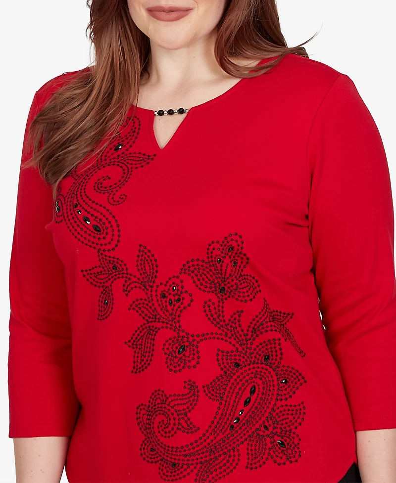 Alfred Dunner Petite Keyhole Neck Paisley 3/4-Sleeve Top