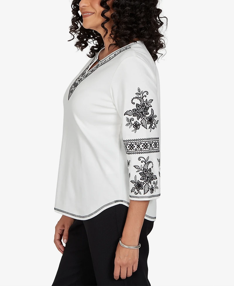 Alfred Dunner Petite Keyhole Neck 3/4-Sleeve Cotton-Blend Knit Top