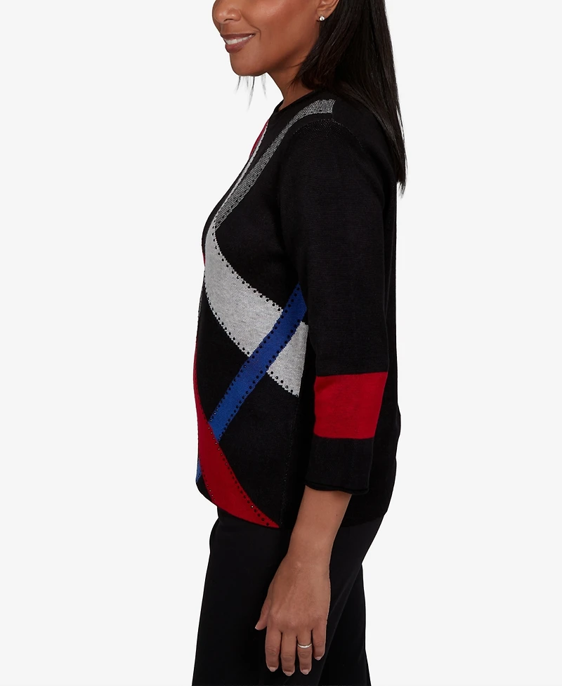 Alfred Dunner Petite 3/4-Sleeve Crewneck Colorblock Sweater