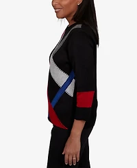 Alfred Dunner Petite 3/4-Sleeve Crewneck Colorblock Sweater
