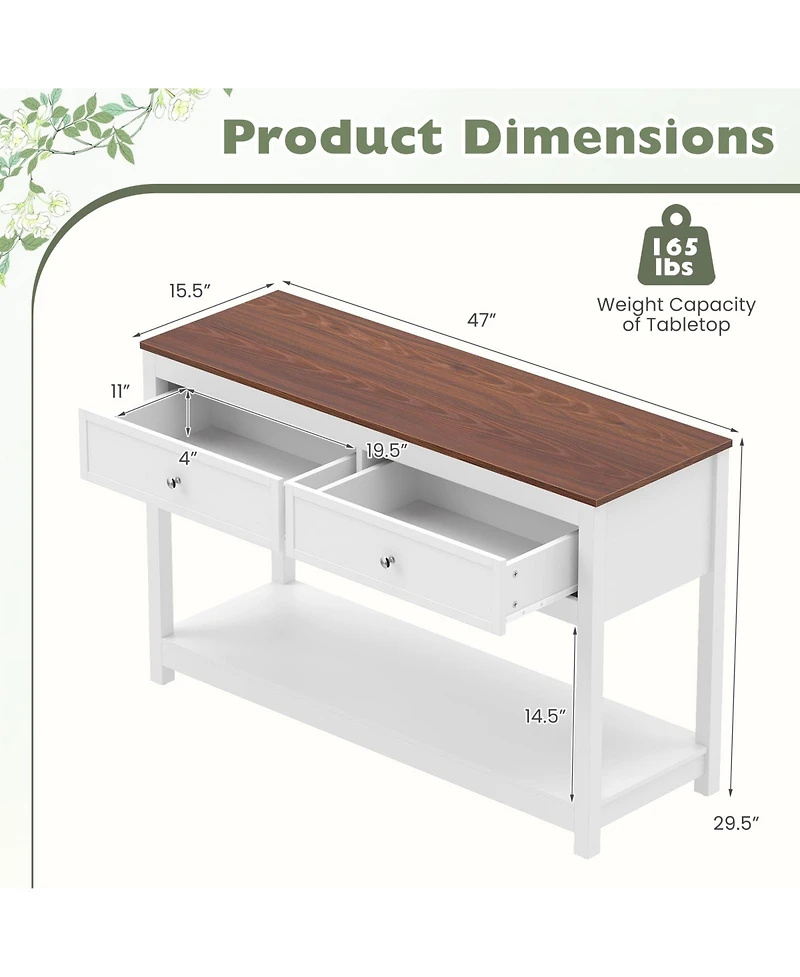 Gymax 47' Farmhouse Console Table with 2 Drawers and Open Storage Shelf Anti-Topping Kits