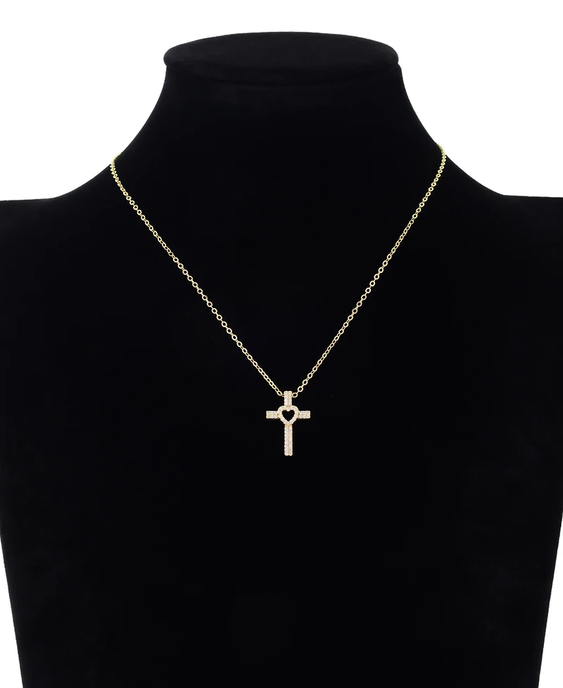 Unwritten Cubic Zirconia Gold-Plated Heart Cross Pendant Necklace