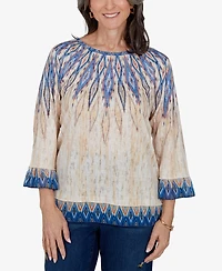Alfred Dunner Women's Retro-Print Crewneck 3/4-Sleeve Top