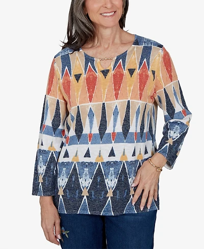 Alfred Dunner Women's Keyhole 3/4-Sleeve Geometric-Print Cotton-Blend Pullover