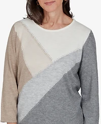 Alfred Dunner Women's Colorblock Embellished 3/4-Sleeve Pullover Sweater
