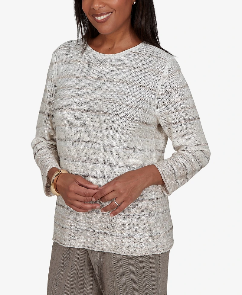 Alfred Dunner Women's Crewneck Striped 3/4-Sleeve Pullover Sweater