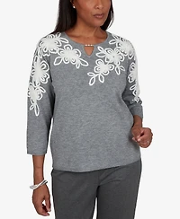 Alfred Dunner Women's Floral Embroidery Keyhole 3/4-Sleeve Sweater