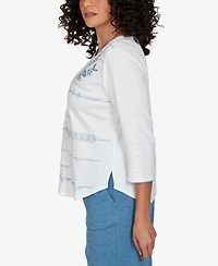 Alfred Dunner Women's Knit 3/4-Sleeve Crewneck Floral-Embroidered T-Shirt
