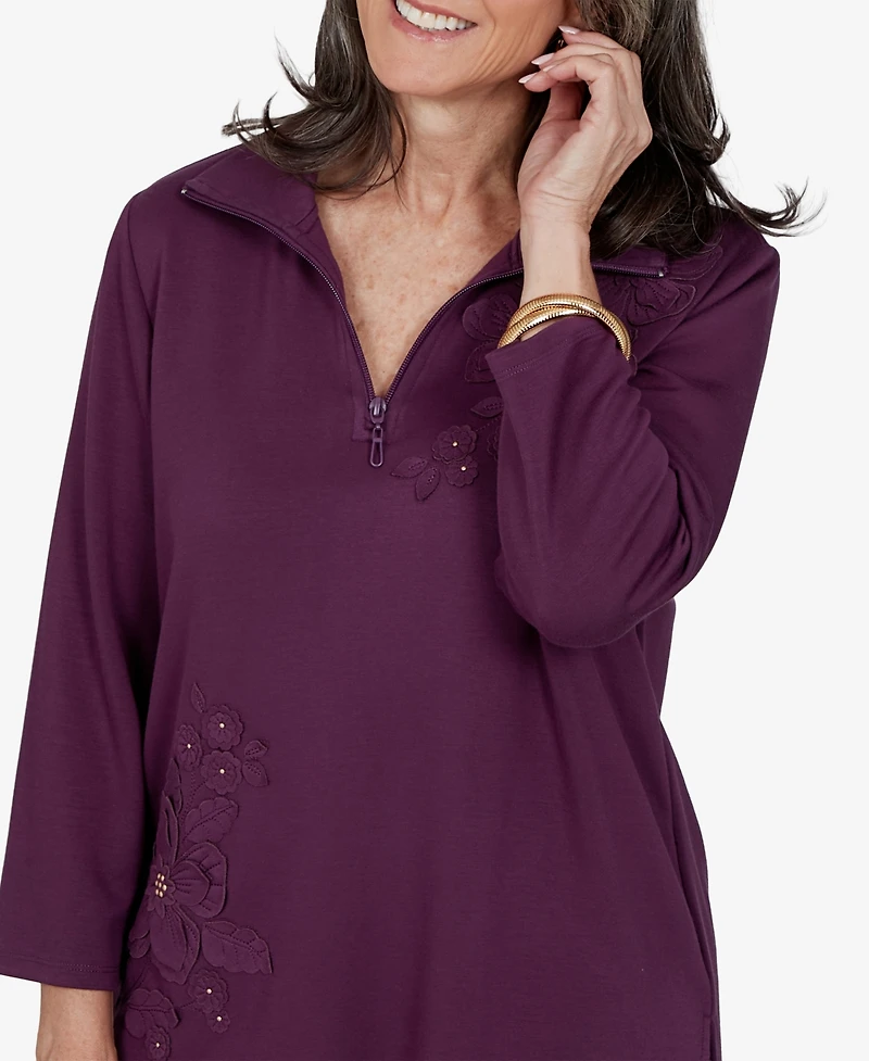 Alfred Dunner Women's 3/4-Sleeve Collared Floral Applique Knit Top