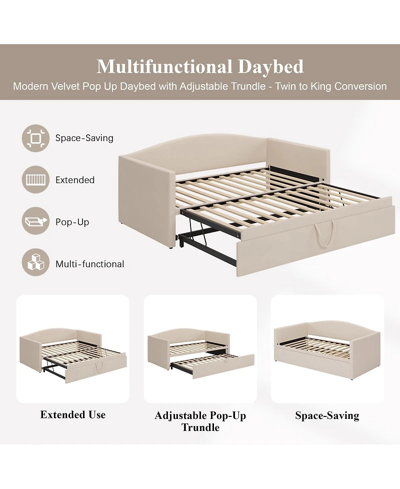 Streamdale Furniture Upholstered Twin Daybed with Pop-Up Trundle, Space-Saving Velvet Sofa Bed