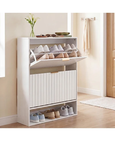 Gymax Shoe Cabinet w/2 Flip Drawers Open Storage and Adjustable Shelves for Entrance
