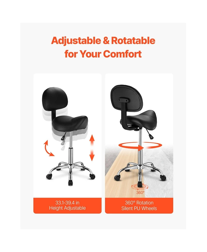 Sugift Ergonomic Saddle Rolling Stool with Back Support and Wheels 450 Pound Capacity