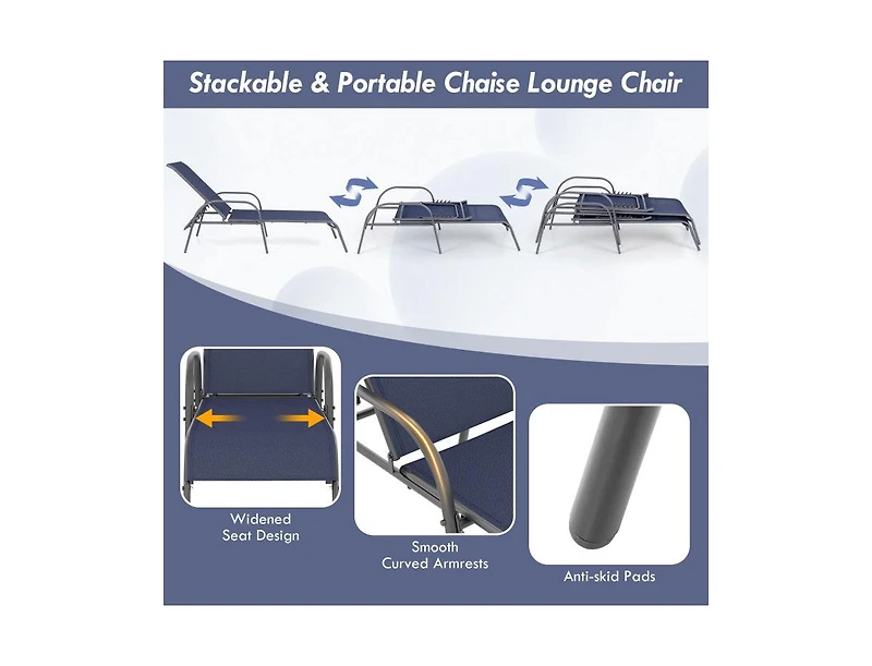 Lucky One 2 Pack Adjustable Patio Chaise Lounge Chairs with Armrests Fabric Outdoor Recliners