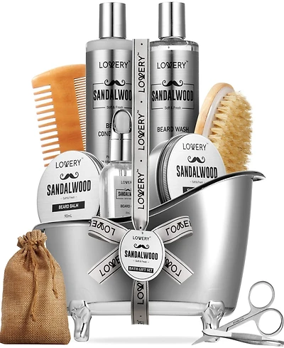 Lovery Sandalwood Beard Grooming Self Care Kit, 11pc Mens Bath and Body Care Gift Set