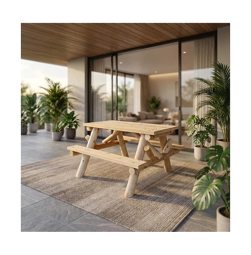Contoured Comfort 4' Log Picnic Table Attached Benches