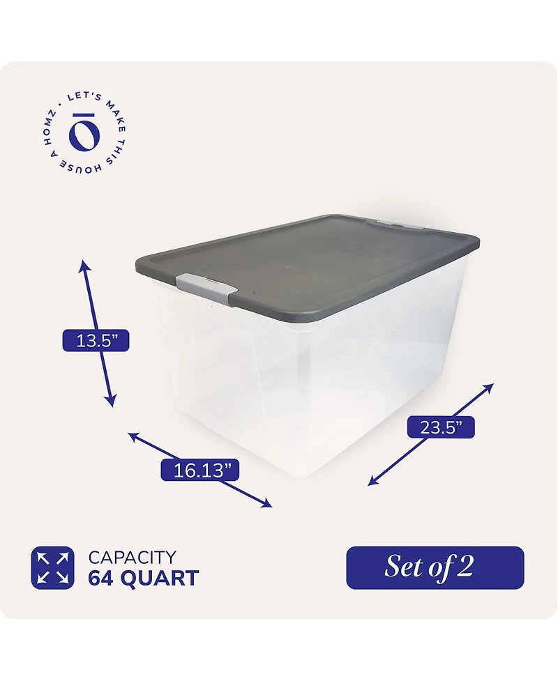 Homz 64 Qt Secure Latching Large Clear Plastic Storage Bin w/ Gray Lid (4 Pack)