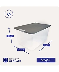 Homz 64 Qt Secure Latching Large Clear Plastic Storage Bin w/ Gray Lid (4 Pack)