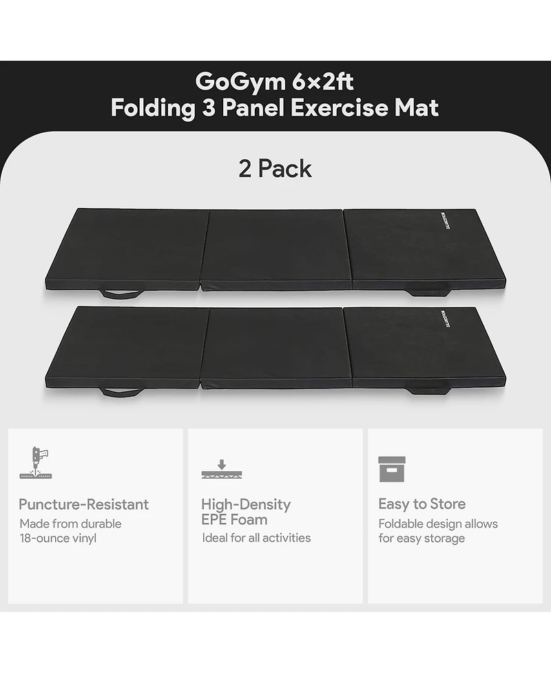 BalanceFrom Fitness GoGym 6x2ft Folding 3 Panel Exercise Mat, Black (2 Pack)