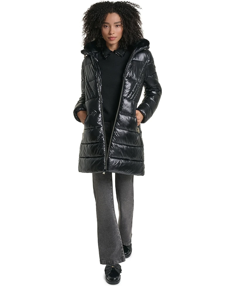 Karl Lagerfeld Paris Women's Belted Faux Fur Collar Hooded Puffer Coat