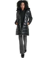 Karl Lagerfeld Paris Women's Belted Faux Fur Collar Hooded Puffer Coat
