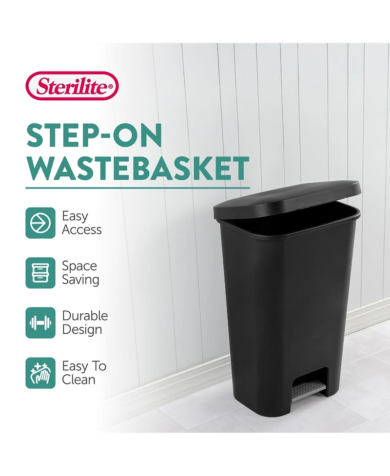 Sterilite 11.9 Gal Rectangle Step On Trash Kitchen Wastebasket, Black (16 Pack)
