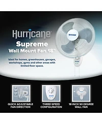 Hurricane Supreme 18 Inch 90 Degree Oscillating 3 Speed Wall Fan, White (2 Pack)