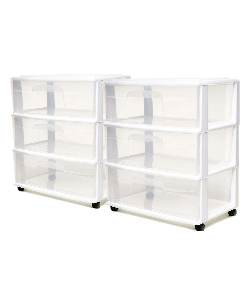Homz Plastic 3 Clear Drawer Small Rolling Storage Container Tower, White, 2 Pack