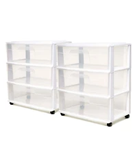 Homz Plastic 3 Clear Drawer Small Rolling Storage Container Tower, White, 2 Pack