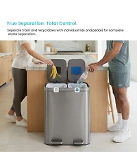 Home Zone Living 13 Gallon Dual Compartment Kitchen Trash Can with Recycling, Soft-Close Lids and Bag Storage, Brushed Stainless Steel, Silver