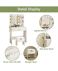 Vabches Makeup Vanity Desk with Lighted Mirror and Charging Station, Storage Chair + Drawer for Bedroom
