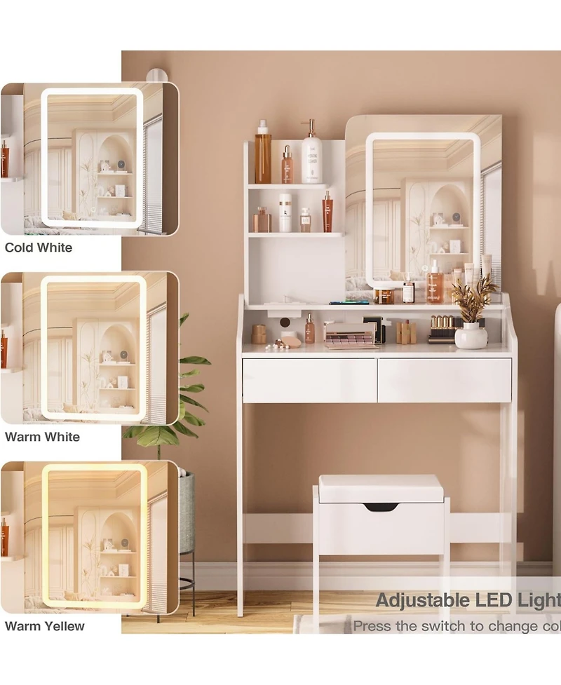 Vabches Vanity Desk with Led Mirror and Charging Station, Makeup Table with Storage Stool