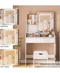 Vabches Vanity Desk with Led Mirror and Charging Station, Makeup Table with Storage Stool