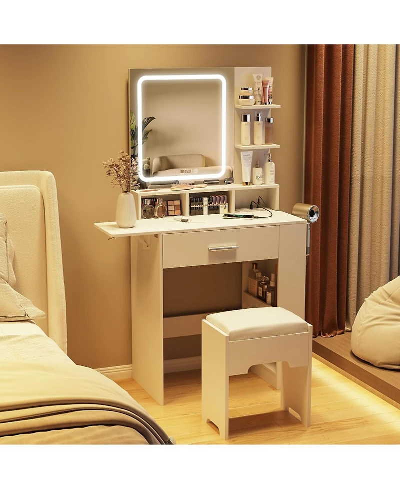 Vabches Small Vanity Desk with Lighted Mirror and Charging Station, Makeup Table with Drawer, Shelves and Stool