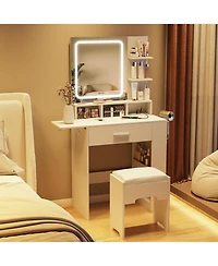 Vabches Small Vanity Desk with Lighted Mirror and Charging Station, Makeup Table with Drawer, Shelves and Stool