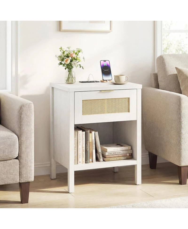 Sugift Rattan Nightstand with Charging Station Storage Drawer and Open Compartment